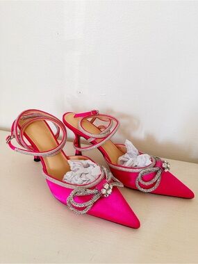 Hot Pink Satin Pointed-Toe Evening Heels with Crystal Bow size 42
